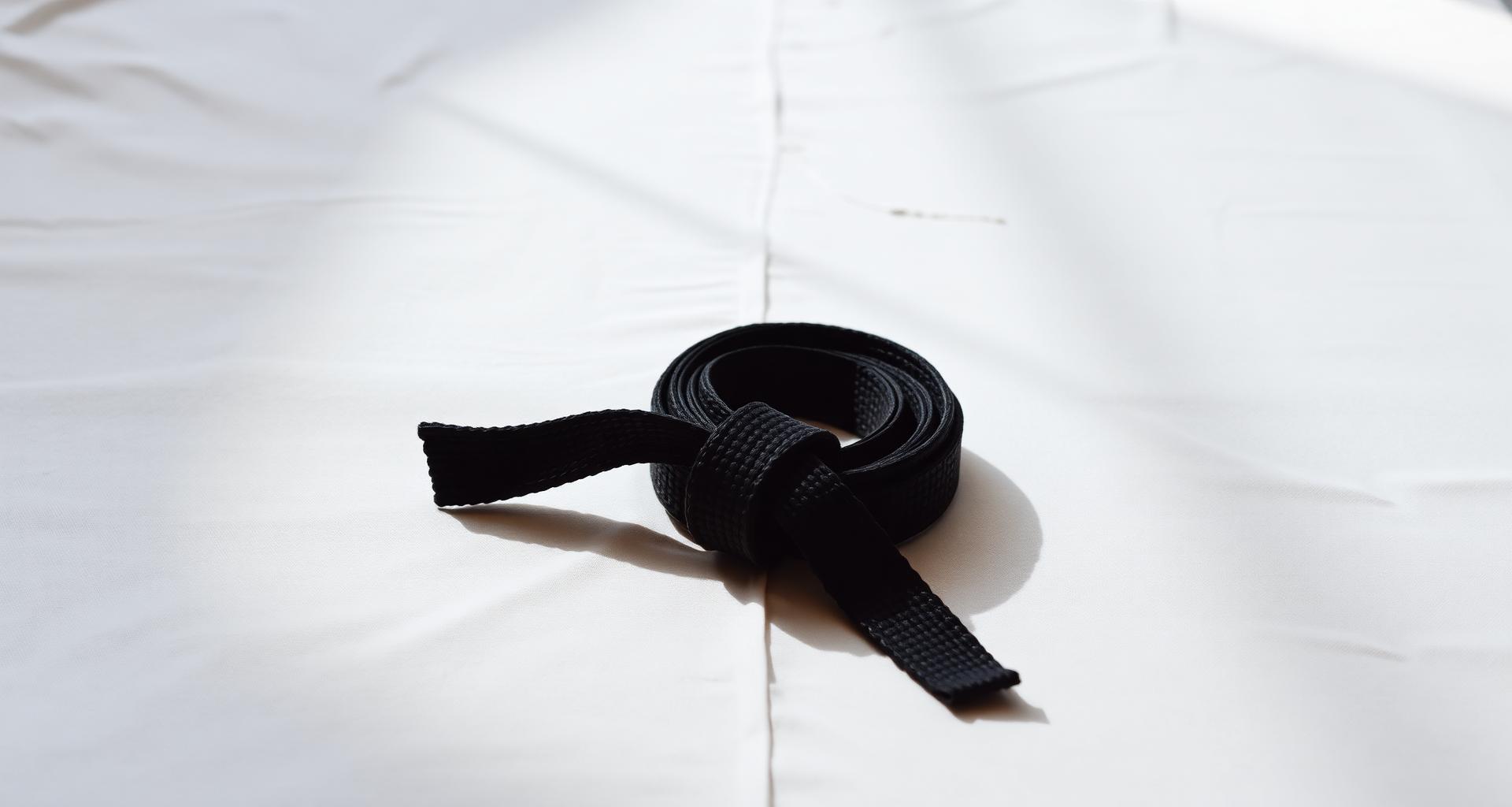 A folded black belt resting on white canvas